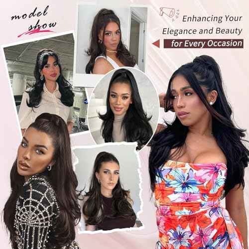 Ponytail Extension, Drawstring Ponytail Extension for Women 26 Inch Long Dark Brown Wavy Layered Pony Tails Hair Extensions Synthetic Clip in Ponytail Hairpiece for Women