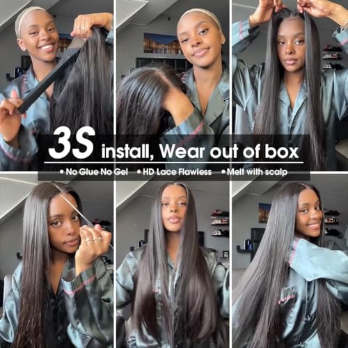 Amella Wear and Go Glueless Wigs Human Hair Pre Plucked Pre Cut 16 Inch 200% Density 13x4 Hd Lace Closure Wigs Human Hair Glueless Wigs for Black Women Glueless Pre Cut Pre Plucked Bleached Knots Wig
