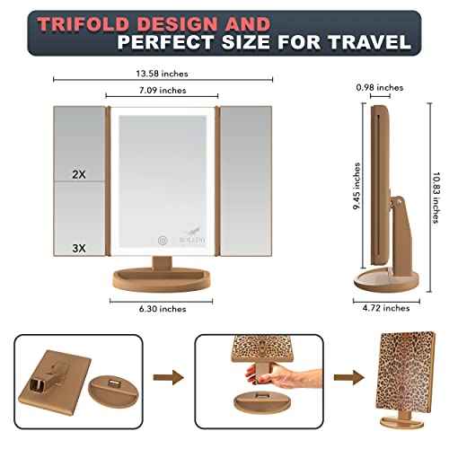 RoLeDo Trifold Lighted Makeup Mirror with 72 LED Lights, Magnification 1X/2X/3X/10X, Cheetah Leopard Print Vanity Mirror with Lights, 3 Color Lighting Modes, Dual Power, Gift Box Set