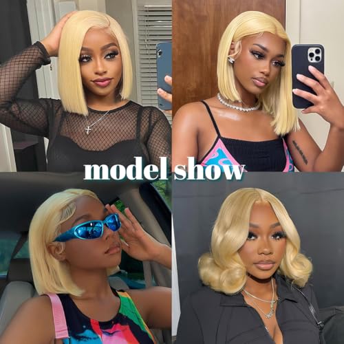 Blonde Bob Wig Human Hair, 613 Straight Bob Wig 100% Human Hair,Glueless 613 UHD Lace Front Wig Human Hair 13x4 Full Lace Wigs Human Hair Pre-Cut 10inch Blonde Brazilian Wig 200% Density