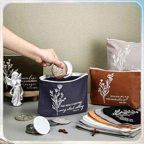 Reginary 10 Sets Thanksgiving Christian Gifts for Women 10 Religious Canvas Makeup Bags 10 Bible Verse Compact Mirrors Inspirational Church Christmas Gifts for Ladies(Neutral Colors,Aesthetic Style)