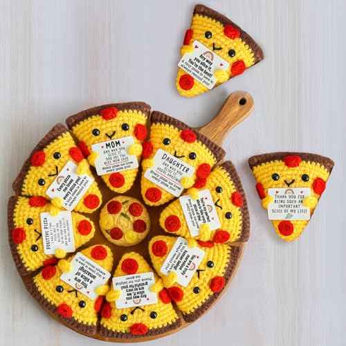 Mini Christimas Inspirational Gifts for Women Men Handmade Crochet Pizza Gift for Encouragement Self Care Motivation Comfort Positive Gift for Friend Teacher Coworker Christmas White Elephant Gifts