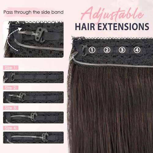 TESS Human Hair Extensions Halo Remy Hair 18 Inch Straight Adjustable Invisible Wire Easy to Use Clip in, Natural black