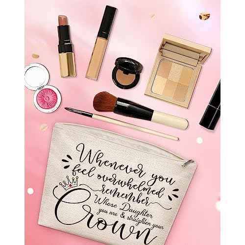 Daughter Choice, Inspirational Makeup Bag for Daughter from Mom Dad, Best Bonus Step Daughters Graduation Birthday Present from Step Mom, Small Linen Straighten Your Crown Cosmetic Bags