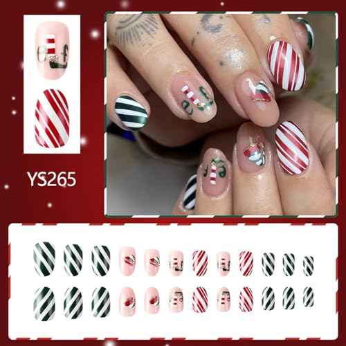 Christmas Press on Nails Short Oval Fake Nail With Christmas Hat Designs Red Green Stripe Full Cover False Nails Xmas Glue on Nail Acrylic Winter Artificial Stick on Nail for Women 24 Pcs