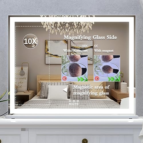 ANYHI Large Vanity Mirror with Lights, 28"x22" Makeup Mirror with Light Strip, 3 Color Modes, Dimmable, Smart Touch Control, Aluminum Frame, Tabletop or Wall Mount, White