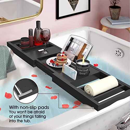 Artmalle Bathtub Caddy Tray - Expandable and Foldable Bath Tray for Tub, Luxury Bamboo Bath Caddy Tub Table, Bathtub Accessories with Book Holder and Free Soap Dish, Black