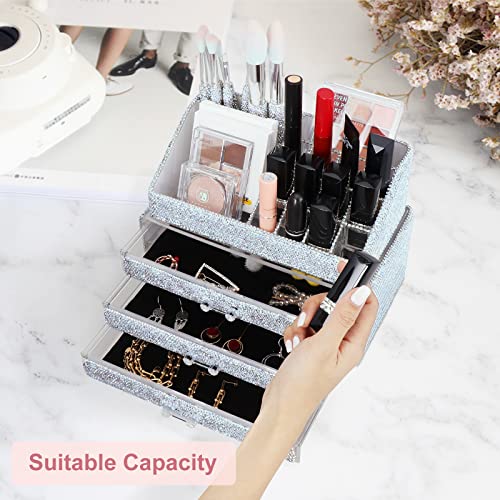 KEYPOWER Makeup Organizers Drawer Bling Diamond,Fashion Countertop Jewelry Cosmetic Storage Display Boxes,Makeup Brush Holder, Cosmetic Holder,2 Pieces Set(Purely Handmade)(White)