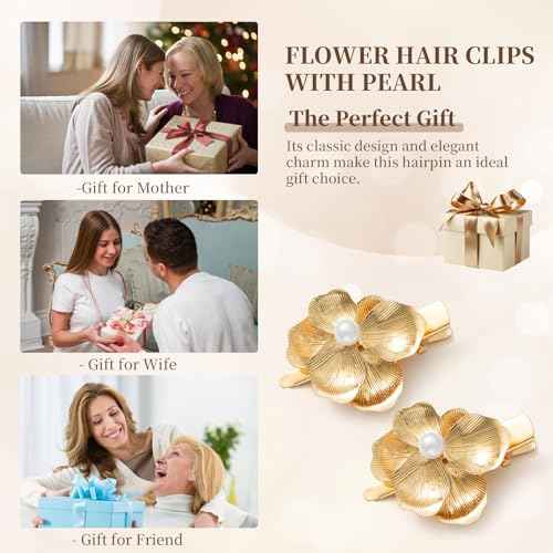 6 Pack Gold Flower Hair Clips for Girls, Small Hair Claw Clips with Pearl Accents, Metal Alligator Hair Barrettes Hair Clips for Styling - Gift Ready Floral Hair Accessories for Women