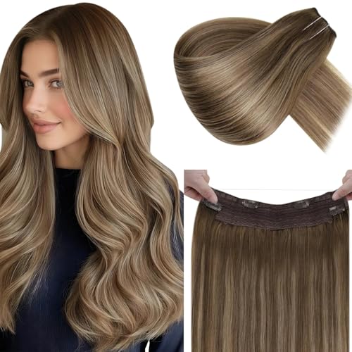 LaaVoo Wire Hair Extensions Human Hair Wire Human Hair Extensions Balayage Brown mix Blonde Human Hair Wire Extensions Long 18 Inch 80g