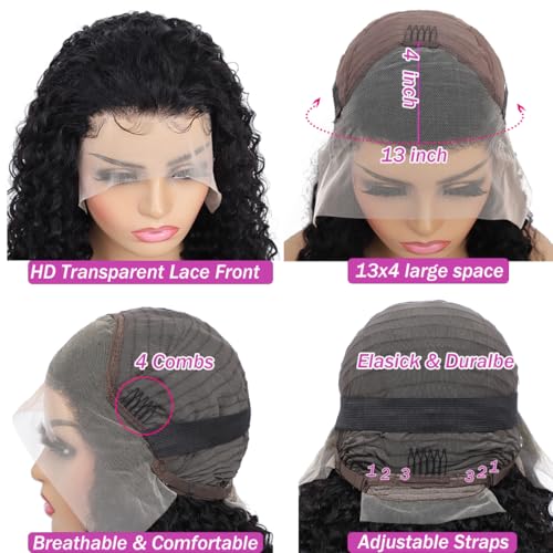 13x4 Deep Wave Lace Front Wigs Human Hair Pre Plucked 180% Density 9A Glueless Wigs Human Hair Wet and Wavy Wigs for Women HD Transparent Deep Curly Lace Front Wigs Human Hair 22 Inch
