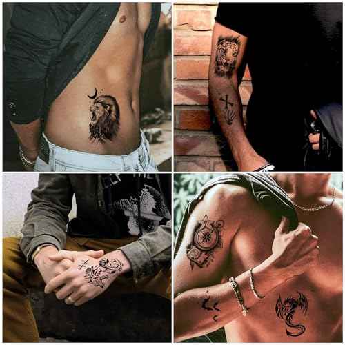 Cerlaza 112 Sheets Temporary Tattoos for Adult Men, Fake Tattoos for Neck Arm Finger, Tatuajes Temporales Tiger Wolf Lion Dragon Halloween Tattoo Stickers