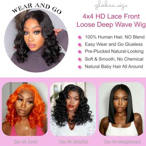 Loose Deep Wave Lace Front Wigs 100% Human Hair Pre Plucked Pre Cut Body Wave 4x4 Transparent Lace Closure Wigs Wear and Go Glueless Wig for Black Women Body Wavy Curly Wig Natural Color 16 Inch