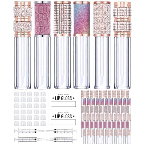 AMORIX 72pcs 5ml Diamond Lip Gloss Tubes With Wand - Empty Rhinestone Containers, Crystal Bottles, Supplies Kit - 4 Syringes + Labels for DIY Base