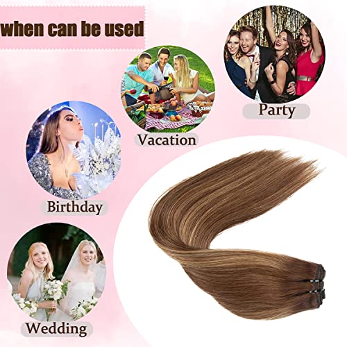 Real Full Head Silky Straight Clip in Extensions Balayage Chocolate Brown to Caramel Blonde 120g 8pcs Remy Hair Extensions Clip in Human Hair 18inch