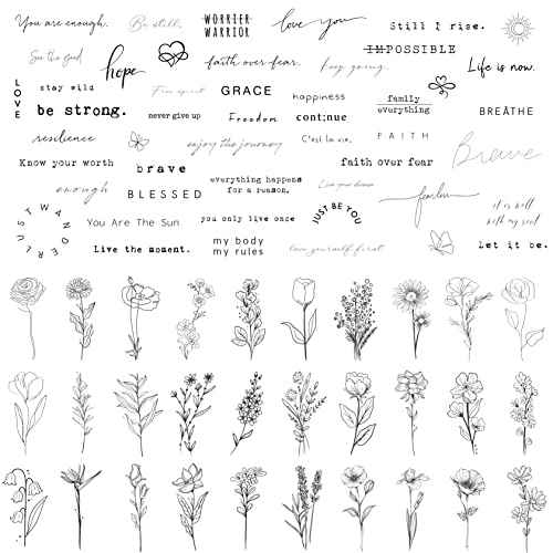 TATUWST Realistic Temporary Tattoos - 60 Sheets Tiny Small Removable Tattoos, 30 Pcs Inspirational Quotes Words Tattoos, 30 Pcs Wild Flower Ink Line Botanical Floral Leaf Tattoo Stickers for Women