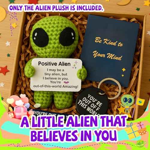 Christmas Stocking Stuffers for Adults - Funny Positive Alien Crochet Plush with Uplifting Message Card - Small Encouragement Gift for Women, Men,Teens, Friends, Ideal for Birthday, Graduation