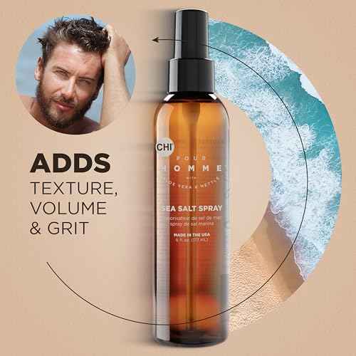 CHI Pour Homme Sea Salt Spray for Men, Hairspray For Texture & Volume, Creates A Natural Look, Made With Aloe Vera & Nettle, Fresh, Woody Scent, 6 oz