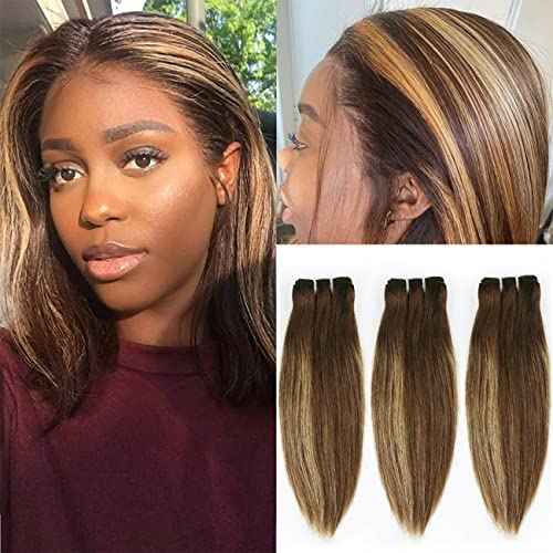 FQ 4/27 Highlight Bundles and Closure Straight P4/27 Human Hair Bundle with Closure(10 10 10+10) Brazilian Ombre Honey Blond Colored Short Bob 50g 3 Bundles with 4x4 Lace Closure
