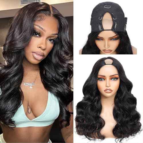 V Part Wig Human Hair Body Wave Upgrade U Part Human Hair Wig With Adjustable Drawstring 200% Density V Shape Clip In Half Wig For Women Natural Color 20 Inch