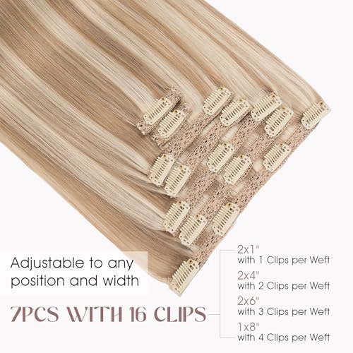 Elailite Clip in Hair Extensions Real Human Hair, Remy Hairpieces for Women, 7PCS Lace Weft Full Head, 14 Inch 100g Golden brown & Bleach Blonde