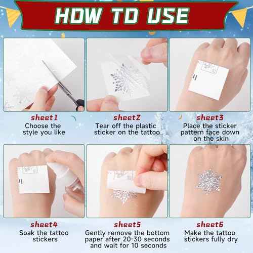 JUNEBRUSHS Winter Snowflake Glitter Silver Foil Temporary Tattoos, 120 Pcs Christmas Metallic Tattoo Sticker Decors 12 Styles Face Make up Stocking Stuffers Gift Filler Winter Wonderland Favors