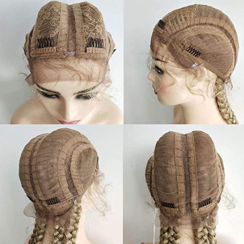 xiweiya 36¡±Long Blonde Brown Braided Wig 100% Hand Braided Brown Twisted Braids 360 Swiss Lace Front Wig Light Brown Double Dutch Braided Wigs with Baby Hairs for Women