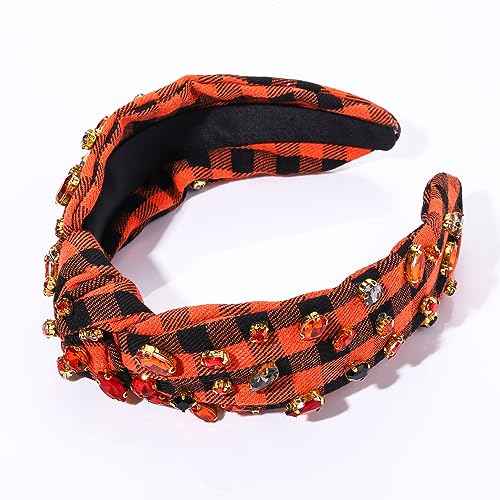Halloween Headband for Women Rhinestone Crystal Knotted Headband Embellished Orange Black Plaid Top Knot Hairband Gothic Spooky Hair Accessories Outfits Costume Party Gifts (Halloween 1)