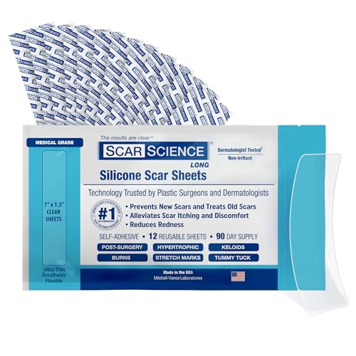 Medical Grade Silicone Scar Sheets - Long Water-Resistant Silicone Scar Tape - Advanced Solution for Surgical Scars, Stretch Marks, and Keloids - 7-Inch Strips, 12-Pack