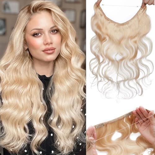 Halo Hair Extensions, Benehair Halo Blonde Hair Extensions for Women, 100% Human Hair Invisible Wire Hair Extensions for Adding Volume, 18 Inch Halo Extensions #60 Platinum Blonde 65g