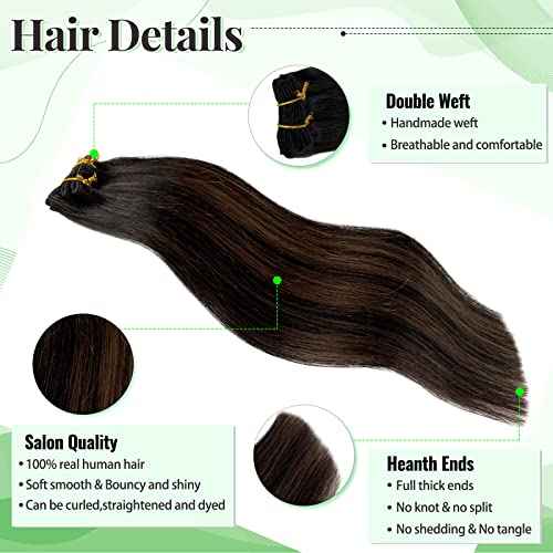Clip in Hair Extensions Real Human Hair, Natural Black Highlights Medium Brown 18 Inches 5pcs Long Straight Clip ins Human Hair Extensions Handmade Double Weft Remy 70grams