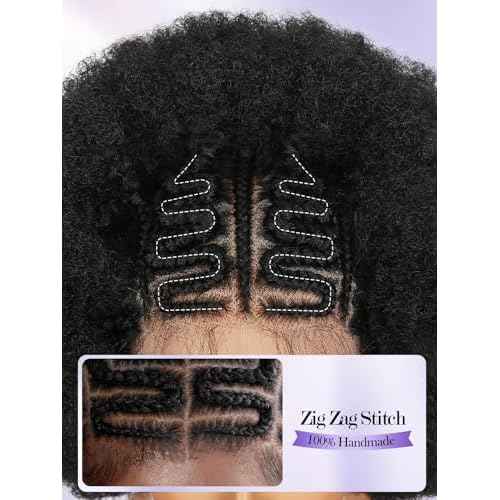 Fancy Hair Cornrow with Afro Puff Wig 13x4 HD Lace Front Zig Zag Sttiches Pre-Braided Pre Plucked Wig with Baby Hair for Black Women Transparenet Lace Frontal Natural Hairstyle