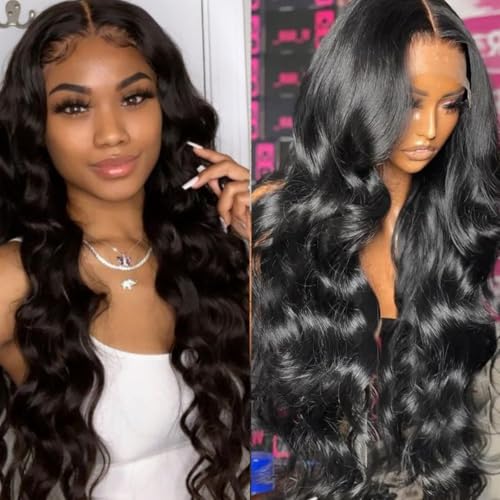 13x6 Body Wave Lace Front Wigs Human Hair Pre Plucked 200% Density HD Transparent Lace Frontal Wigs Human Hair With Baby Hair Natural Black 22 Inch