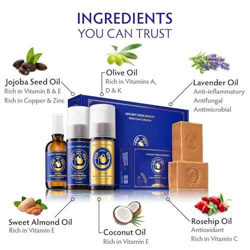 Ancient Greek Remedy Organic Spa Gift Set - Body Oil, Face Moisturizer, Foot Balm & 2 Soap Bars - Lavender Scented Skin Care Gift Basket for Women - Perfect for Christmas, Birthdays & Self Care
