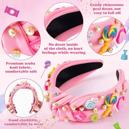 PANTIDE Candy Jeweled Knotted Headband - Halloween Rainbow Lollipop Rhinestone Embellished Preppy Headband Non Slip Wide Top Knot Hairband Hair Accessories Birthday Gift for Women Girls (Pink)