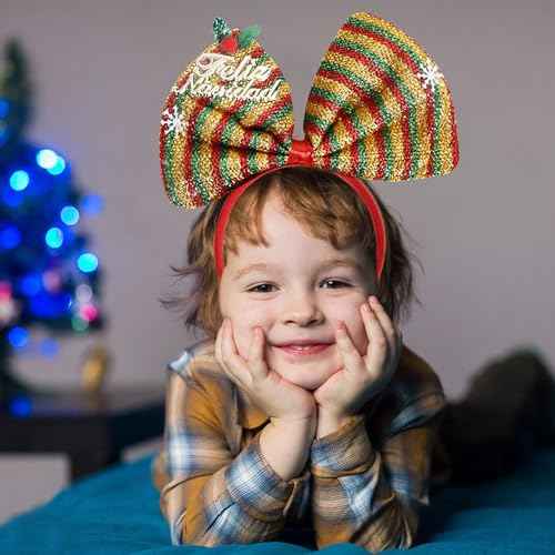 Christmas Headbands Bow Hair Bands for Women Girls Kids, Yellow Green Red Stripe Winter Hair Accessories, Xmas Party Supplies Cosplay Hair Decoration Headdress Hair Hoop 1 Pcs
