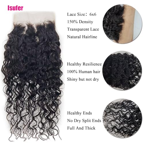 10A Grade Unprocessed Water Wave Closure 6x6 Frontal Hd Transparent Lace 22 Inch Pre Plucked Natural Hairline With Baby Hair High Density Brazilian Virgin Human Hair