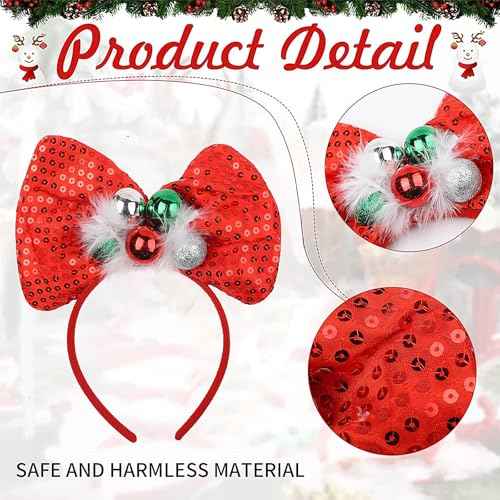Doneace Christmas Bow Headband Red Sequins Hair Bands Glitter Green Bell Bowknot Headdress Design Christmas Hair Accessories for Women Girls Xmas New Years Festival Holiday Party Supplies