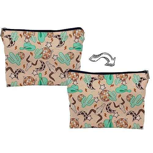 Retro Western Country Turquoise Cowboy Cowgirl Makeup Bag Bull Skull Cactus Disco Ball Makeupbags Cosmetic Bag Zipper Pouch Toiletry Bags,Gifts for Teen Girls Women Western Cowgirl