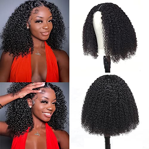 V Part Wig Human Hair Kinky Curly Natural Black 14 Inch | Curly Human Hair Wig Upgrade U Part Human Hair Wigs for Black Women Glueless Wig Wear and Go 180 Density