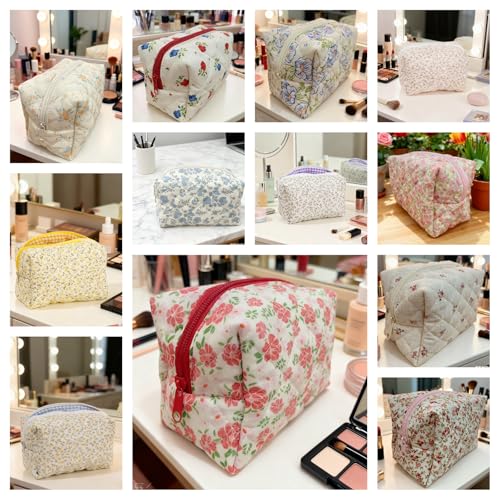 24 PCS Cotton Quilted Makeup Bag Bulk with Zipper- Floral Bridesmaid Gifts Cosmetic Makeup Pouch Bag Travel Portable Preppy Gifts for Women(24 Pack)