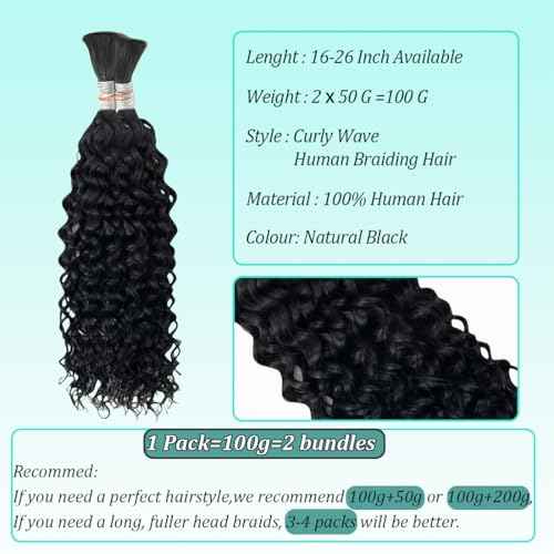 Curly Wave Bulk Human Hair For Braiding No Weft Unprocessed Brazilian Virgin Human Hair Extensions Wet And Wavy Micro Braiding Hair Human Hair Bundles For Boho Braids Natural Color(22inch 2pack/100g)