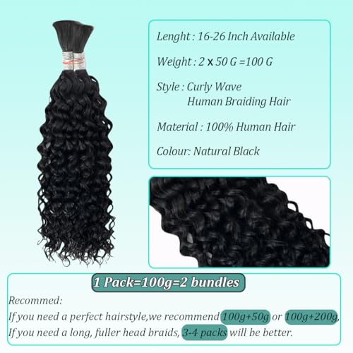 Curly Wave Bulk Human Hair For Braiding No Weft Unprocessed Brazilian Virgin Human Hair Extensions Wet And Wavy Micro Braiding Hair Human Hair Bundles For Boho Braids Natural Color(26inch 2pack/100g)