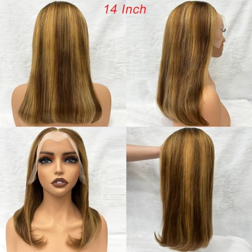 Highlight Lace Front Bob Wig Human Hair 16 Inch Ombre Honey Blonde 13x4 Hd Lace Front Wigs Human Hair Pre Plucked Middle Part 4/27 Colored Lace Frontal Wigs (Highlight 4/27, 16 Inch)