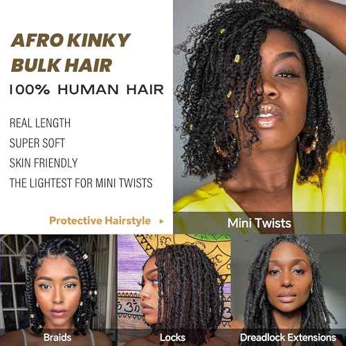 Afro Kinkys Bulk Human Hair -100% Real Human Hair for Mini Twist, Braiding, Loc Extensions & Crochet, Kinky Curly Hair Bundles, Natural Afro Bulk for Dreadlocks(1B, 18 Inch(Pack of 1))