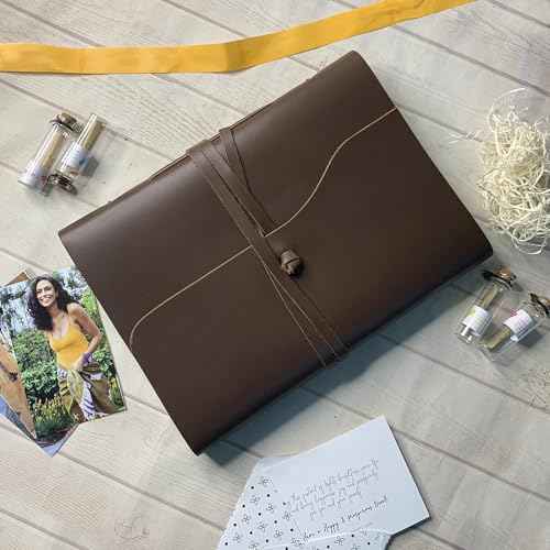 Rustic Town Full Grain Leather Photo Album with Gift Box - Scrapbook Style Pages (Large, Brown)