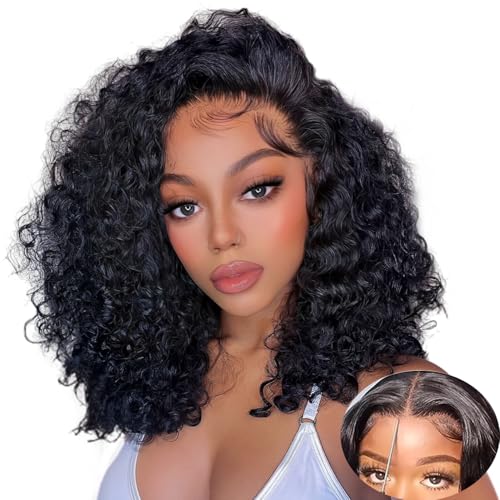 5x8 Bob Wig Human Hair Glueless Wigs Human Hair Pre Plucked Pre Cut Deep Wave HD Lace Closure Wigs Human Hair 210% Density Wear And Go Glueless Wig (14inch)