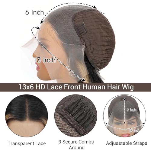 26 inch Black and Blonde Human Hair Wig Pre Plucked with Baby Hair 13x4 Highlight Wig Human Hair Balayage Lace Front Wigs Human Hair 200% Density for Women