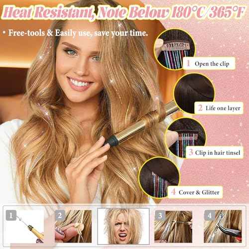 Hair Tinsel Clip in Dreamy Colorful Fairy Hair Tinsel Kit, 12 Pcs 24 Inch Glitter Clip in Hair Extensions for Girls Women Kids Christmas New Year Festival Party (Dreamy Colorful)