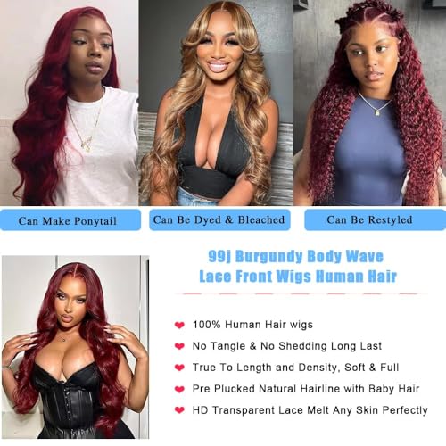 99j Burgundy Lace Front Wigs Human Hair 13x4 Body Wave Lace Front Wigs Human Hair Pre Plucked Glueless Red Wig Wine Red Wig for Women 180% Density 26Inch